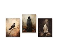 BYAMBD Aesthetic Pictures 3pcs Ghost Pumpkin Floral Print Poster No Frame Dark Funny Gothic Canvas Painting Modern Holiday Bedroom Home Decor(F,20x30cm)