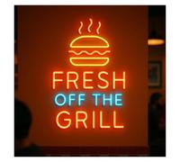 BYAMBD Home Bar Decor Fresh Off The Grill with Burger Neon Sign Dimmable for Restaurants Parties Backyard Grills Decor 55cm