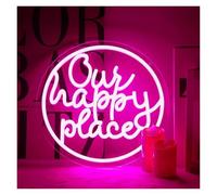 BYAMBD Home Bar Decor Our Happy Place Neon Sign USB Powered LED Dimmable Lights for Bedroom Living Room Man Cave Home Bar Birthday Party Decor 12.2x12.2in