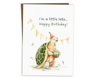 BYANIKA Belated Happy Birthday Card | Sorry I'm Late, I Forgot, Delayed Bday Tortoise Design | Better Late Than Never Card | For Him, Her, Best Friend, Brother, Sister, Partner, Husband, Wife, Parent