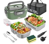 BYbrutek Electric Lunch Box 100W, 1.5L Removable Stainless Steel, 3-in-1 Portable Heated Lunch Box, 12V/24V/220V Insulated Heat Box for Car/Truck/Office/Home (Green, 1.5L)