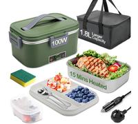 BYbrutek Electric Lunch Box 100W, 1.8L Removable Stainless Steel, 3-in-1 Portable Heated Lunch Box, 12V/24V/220V Insulated Heat Box for Car/Truck/Office/Home, with Insulated Bag and Sponge (Green)