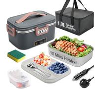 BYbrutek Electric Lunch Box 100W, 1.8L Removable Stainless Steel, 3-in-1 Portable Heated Lunch Box, 12V/24V/220V Insulated Heat Box for Car/Truck/Office/Home, with Insulated Bag and Sponge (Grey)
