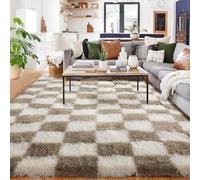 BYBSRLL Checkered Rug for Bedroom, 90x150cm Beige and White Living Room Area Rugs for Kids Baby Room, Nursery, Dorm, Lounge Decor, Soft Fluffy Plush Fuzzy Checkerboard Floor Carpet