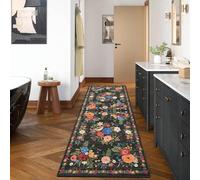 BYBSRLL Hallway Runner Rugs 60x180cm, Non-Slip & Machine Washable Low Pile Kitchen Runner, Floral Printed Soft Carpet Runner for Hall, Entryway, Laundry, Lounge, Office, Bedroom, Black