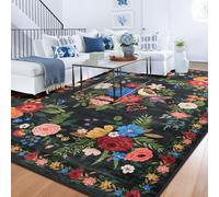 BYBSRLL Machine Washable Rugs Living Room, 120x180cm, Non Slip Floor Carpet, Boho Rug, Low Pile, Soft Vintage Floral Area Rugs for Bedroom, Kitchen,Entryway, Lounge, Bedside, Dorm, Black