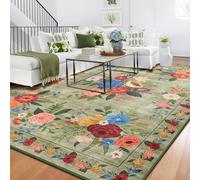 BYBSRLL Machine Washable Rugs Living Room, 160x230cm, Non Slip Floor Carpet, Boho Rug, Low Pile, Large Soft Vintage Floral Area Rugs for Bedroom, Kitchen,Entryway, Lounge,Office, Kids, Green