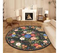 BYBSRLL Round Rug 120cm, Machine Washable Rug, Non Slip Floor Carpet, Low Pile, Boho Stye, Soft Floral Area Rugs for Living Room Bedroom Kitchen Nursery Lounge Office Chair Entryway, Bathmat, Black