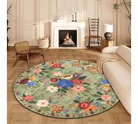 BYBSRLL Round Rug 160cm, Machine Washable Rugs for Living Room, Non Slip Floor Carpet, Low Pile, Soft Boho Floral Area Rugs for Bedroom Dining Room Nursery Lounge Dorm Kids, Play Mat, Green