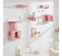 BYBYME Cat Tree For Indoor Cats, 6PCS Tall Cat Wall Shelves With Scratching Posts, Beds, Boards And Toys, Multi-Level Kitten Climbing Furniture, Stable Base For Large Cats（Pink）