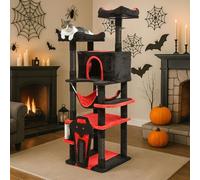BYBYME Gothic Cat Tree for Halloween, 158cm Tall Sturdy Furniture Set With Bed House, Hanging Toy, Scratching Board Sisal-Covered Posts, Multifunctional Cat Play Tower with Hammock(Black Red)