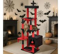 BYBYME Gothic Cat Tree for Halloween, 168cm Tall Sturdy Furniture Set With Bed House, Hanging Toy, Scratching Board Sisal-Covered Posts, Multifunctional Cat Play Tower with Hammock(Black Red)