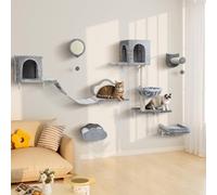 BYBYME Wall Cat Tree with Hammock and Bed, 6PCS Tall Cat Shelves for Multiple Cats, Plush Perch, Scratching Board and Sisal-Covered Posts, Durable Cat Climbing Furniture（Light Gray）