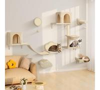 BYBYME Wall Cat Tree with Hammock and Bed, 6PCS Tall Cat Shelves for Multiple Cats, Plush Perch, Scratching Board and Sisal-Covered Posts, Durable Cat Climbing Furniture（Beige）