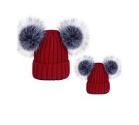 Bycc Bynn 2Pcs Parent-Child Hat Knit Hats Chunky with Double Faux Fur Pom Pom Mother & Baby Family Beanie Cap (Burgundy, Unlined)