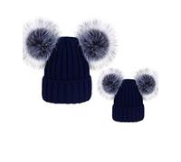Bycc Bynn 2Pcs Parent-Child Hat Knit Hats Chunky with Double Faux Fur Pom Pom Mother & Baby Family Beanie Cap (Navy, Unlined)