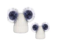 Bycc Bynn 2Pcs Parent-Child Hat Knit Hats Chunky with Double Faux Fur Pom Pom Mother & Baby Family Beanie Cap (White, Unlined)