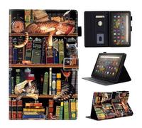 BYCeKe Case for Amazon Fire HD 10 & Fire HD 10 Plus Tablet (13th/11th Generation, 2023/2021 Release) 10.1" Vegan Leather Slim Folding Stand Cover with Pencil Holder, Auto Wake/Sleep, Bookshelf Cat