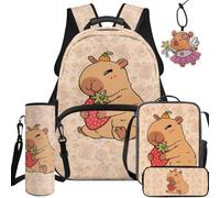 BYCHECAR 5 in 1 Kids Backpack and Lunch Box Set for Elementary and Kindergarten Boys and Girls for School, Baby Cute Capybara, L, School