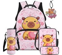 BYCHECAR 5 in 1 Kids Backpack and Lunch Box Set for Elementary and Kindergarten Boys and Girls for School, Love Pattern Capybara, L, School