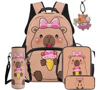 BYCHECAR 5 in 1 Kids Backpack and Lunch Box Set for Elementary and Kindergarten Boys and Girls for School, Lazy Capybara, L, School