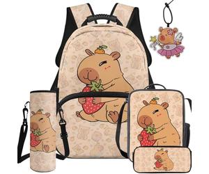 BYCHECAR 5 in 1 Kids Backpack and Lunch Box Set for Elementary and Kindergarten Boys and Girls for School, Baby Cute Capybara, L, School