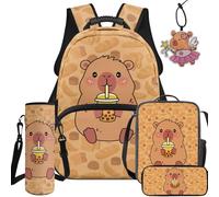 BYCHECAR 5 in 1 Set Capybara Girls Backpack with Lunch Box Pencil Case Water Bottle Sleeve Leather Pendant for School Kids Backpacks Ages 10-12 17 Inch Large Capacity School Bag for Elementary Student