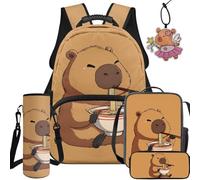 BYCHECAR 5 In 1 set Capybara Girls School Backpack with Lunch Box Pencil Box Water Bottle Sleeve Leather Pendant Kindergarten Bookbags Elementary Backpack for School Library Classroom Gifts for Kids