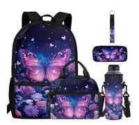 BYCHECAR Aesthetic Butterfly Elementary School Backpack for Girls Backpack with Lunch Box Pencil Case Water Bottle Sleeve Keychain 17 Inch Little Kids Bookbag with Side Pockets for School Daily Use
