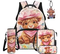 BYCHECAR Aesthetic Highland Cow 5 in 1 set School Backpack with Lunch Box Pencil Case Water Bottle Sleeve Leather Pendant for Elementary Students Kids Backpack for School Set Kawaii Gifts for Kids