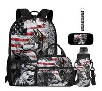 BYCHECAR American Flag Wolf Backpacks for Boys 1-5Th Grade Kids Elementary Backpack with Lunch Bag Pencil Case Water Bottle Sleeve Keychain 17 Inch 5 Pcs Set Kindergarten for 4 of July