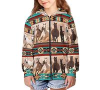 BYCHECAR Aztec Zip Up Hoodie Horse Sweatshirts for Teen Girls Size 14-16 Western Indian Zipper Hoodie Lightweight Long Sleeve Shirts Loose Fall Clothing Outfits Pullover Tops