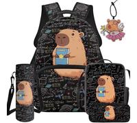 BYCHECAR Black Cute Capybara School Backpack 5 in 1 Set Kids BookBag with Lunch Box Pencil Case Water Bottle Sleeve Leather Pendant for Elementary Students Boys Girls Back to School Supplies