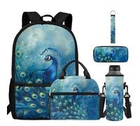 BYCHECAR Blue Aesthetic Peacock Elementary School Backpack for Girls Backpack with Lunch Box Pencil Case Water Bottle Sleeve Keychain 17 Inch Little Kids Bookbag for Classroom and School Use