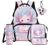 BYCHECAR Capybara 5 In 1 Bookbag Set Elementary Backpack for Girls with Lunch Box Water Bottle Sleeve Leather Pendant Pink School Backpack Reduce Shoulder Pressure for Child Back to School Supplies