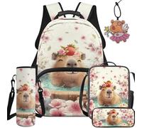 BYCHECAR Capybara 5 In 1 Bookbag Set Elementary Backpack for Girls with Lunch Box Water Bottle Sleeve Leather Pendant Pink School Backpack Reduce Shoulder Pressure for Child Back to School Supplies