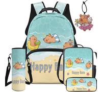 BYCHECAR Capybara 5 Piece Girls School. Backpack with Lunch Box Pencil Box Water Bottle Sleeve Leather Pendant Preschool Backpack Boys 17 Inch Large Capacity Bookbag Toddier Kids Kawaii Gifts