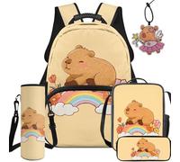 BYCHECAR Capybara 5 Piece School. Backpack with Lunch Box Pencil Box Water Bottle Sleeve Leather Pendant Preschool Backpack Boys Rainbow Pattern 17 Inch Large Capacity Bookbag Toddier Kids Gifts