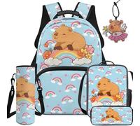 BYCHECAR Capybara Elementary Girls School Backpack with Lunch Box 17 Inch Large Capacity Rainbow Backpack for School Girls with Pencil Case Water Bottle Sleeve Leather Pendant Gifts for Kids 6-11