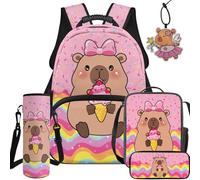 BYCHECAR Capybara Elementary Kids School Backpack with Lunch Box 17 Inch Large Capacity Ice Cream Backpack for School Girls with Pencil Case Water Bottle Sleeve Leather Pendant Gifts for Kids 6-11