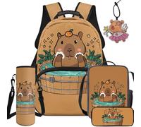 BYCHECAR Cute Capybara 5 Piece School Backpack with Lunch Box Pencil Box Water Bottle Sleeve Leather Pendant Preschool Backpack Boys Rainbow Pattern 17 Inch Large Capacity Bookbag Toddier Kids Gifts