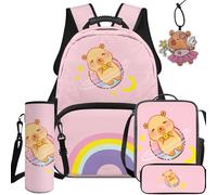 BYCHECAR Cute Capybara Backpack for School with Lunch Box for Girls Back to School 5 in 1 Bookpack for Kids Age 6-8 Elementary School Backpacks with Pencil Case Water Bottle Sleeve Leather Pendant