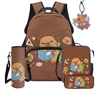 BYCHECAR Cute Capybara Elementary Girls School Backpack with Lunch Box 17 Inch Large Capacity Kids Backpack for School with Pencil Case Water Bottle Sleeve Leather Pendant Gifts for Kids 6-11