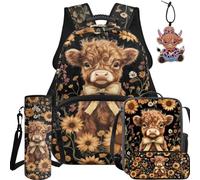 BYCHECAR Highland Cow Girls Backpack for School with Lunch Box Pencil Box Water Bottle Sleeve Machinng Leather Pendant Preschool Elementary School Backpack Sunflower Pattern Bookbag Gifts for Kids