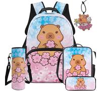 BYCHECAR Kawaii Capybara Backpack for School Girls Bookbag with Lunch Box Backpacks Ages 6-8 Cute Schoolbag for Kids with Water Bottle Sleeve Leather Pendant Toddier Kids Back to School Supplies