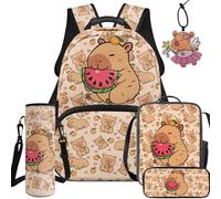 BYCHECAR Kawaii Capybara School Bag Set for Girls 5 in 1 BookBag with Lunch Box Pencil Case Water Bottle Sleeve Leather Pendant for Elementary Students Kids School Backpack Set Back to School Supplies