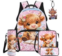 BYCHECAR Pink Aesthetic Highland Cow Girls School Backpack with Lunch Box Pencil Box Water Bottle Sleeve Leather Pendant Pink Flower 5 Pcs Large Capacity Kids School Book Bag Daypack Set for School