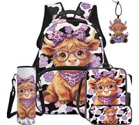 BYCHECAR Purple Highland Cow Backpack for School Girls 6-8 5 in 1 Bookbag with Lunch Box Pencil Case Water Bottle Sleeve Leather Pendant Elementary Students School Bag Set Kids Back to School Supplies