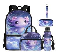 BYCHECAR Purple Starry Axolotl Backpacks for Teen Girls Backpack with Lunch Box Set Lightweight Elementary School Bag with Comfortable Padded Straps for Student Pencil Case Easy to Carry 5 in 1 Set