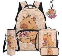 BYCHECAR Strawberry Capybara Girls Backpack with Lunch Box Pencil Case Water Bottle Sleeve Leather Pendant for School Kids Backpacks Ages 10-12 17 Inch Large Capacity School Bag for Elementary Student